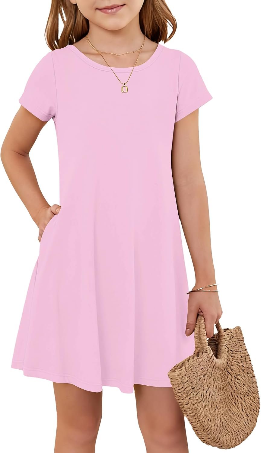 Girls Summer Short Sleeve Dress Kids Floral Casual Beach Dress 5-16 Years | Kids casual A line spring summer dress, two side pockets, 2026 short sleeve cute dress for school and beach