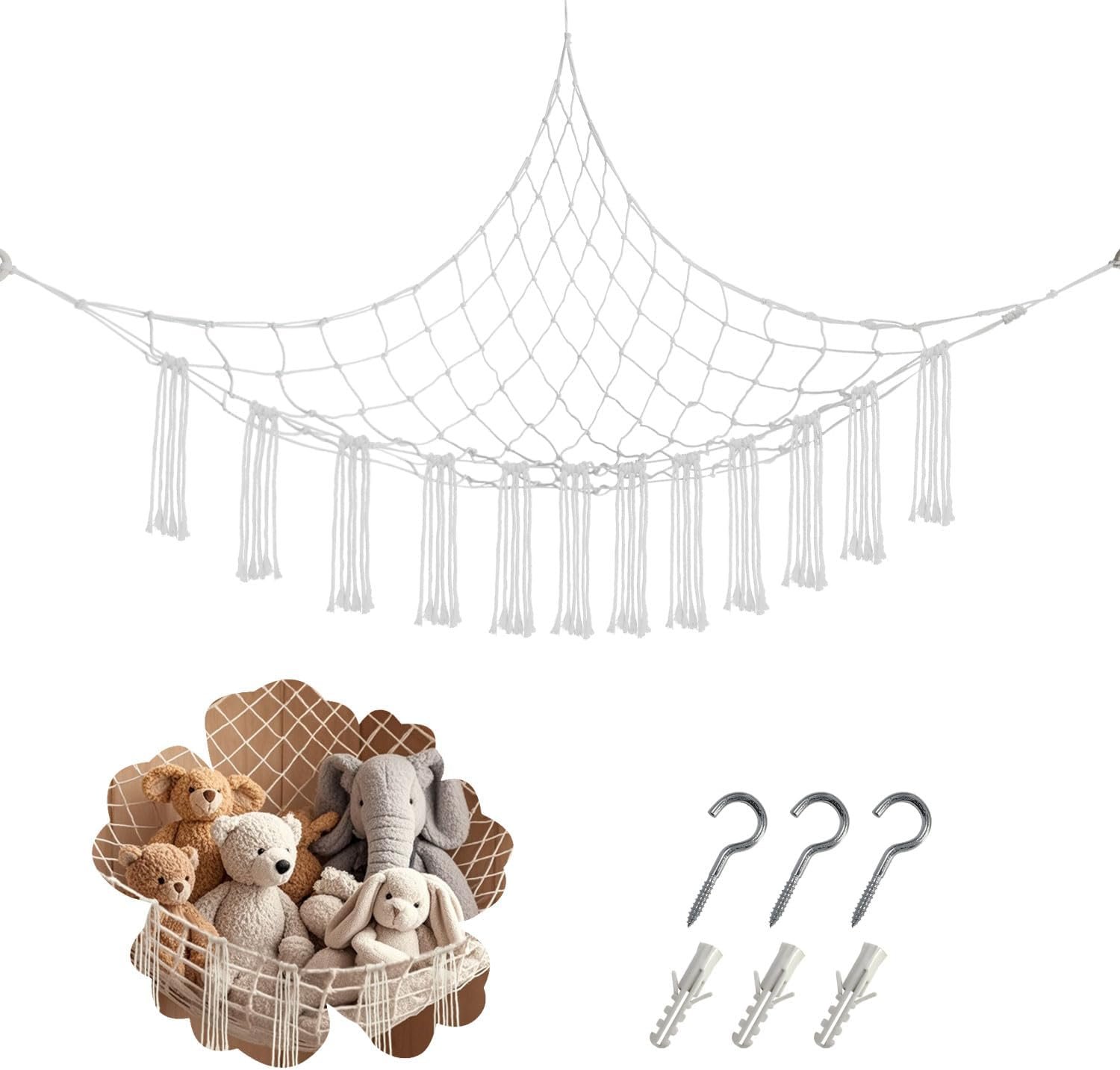59 x 47 inches Stuffed Animal Hammock Corner Net, Plushie Net for Stuffed Animals Corner Large, Cotton Hammock Holder for Home, Room, Wall, Bedroom Decor (White)