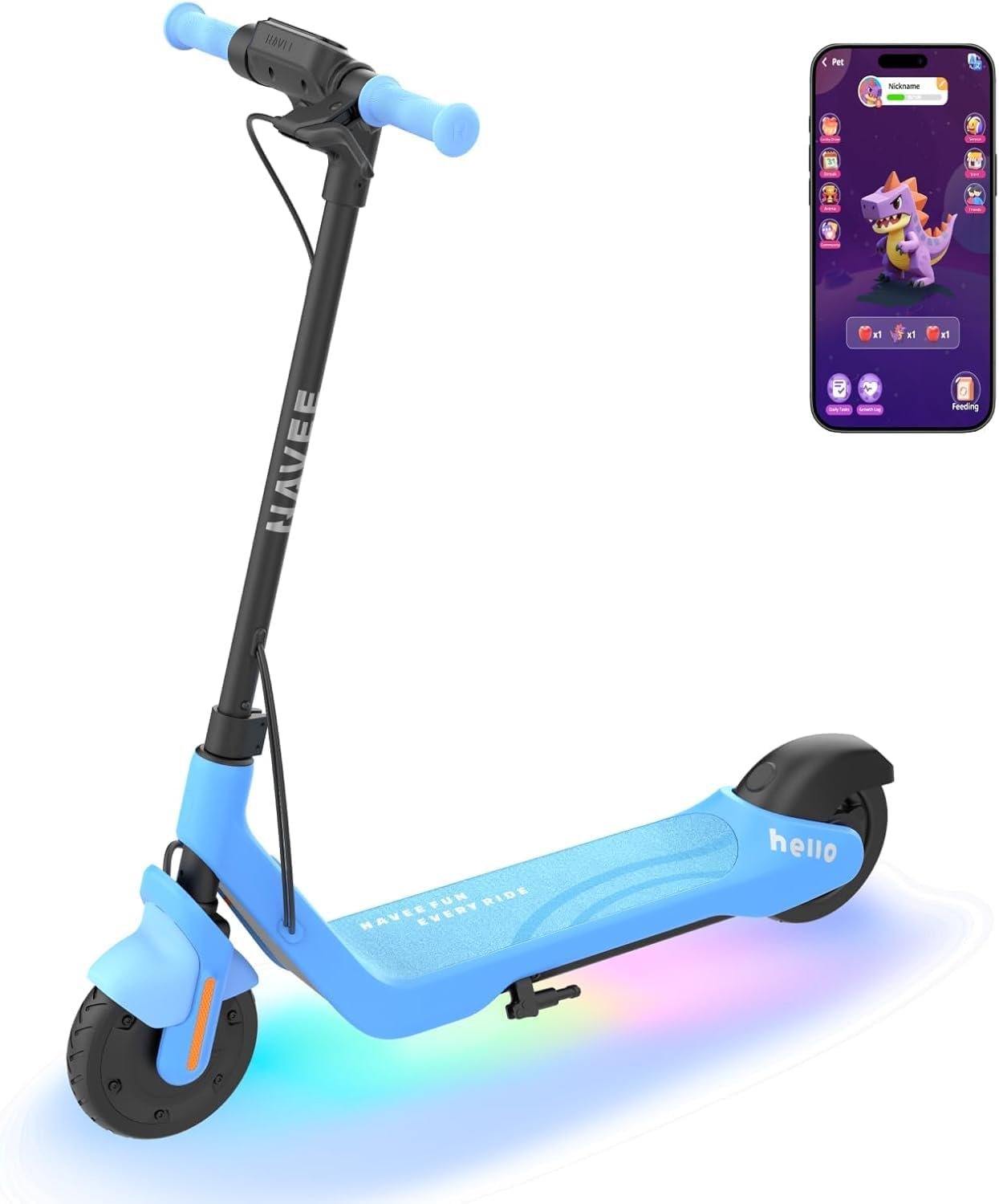 NAVEE K100 Series Electric Scooter for Kids 5-11, Adjustable Handlebar/Speed, Digital Pet, 12.4/9.9/7.5 mph, Safe Brake, Foldable, RGB Lights, Smart APP, Growing Adventurer Gift for Boys Girls, UL2272
