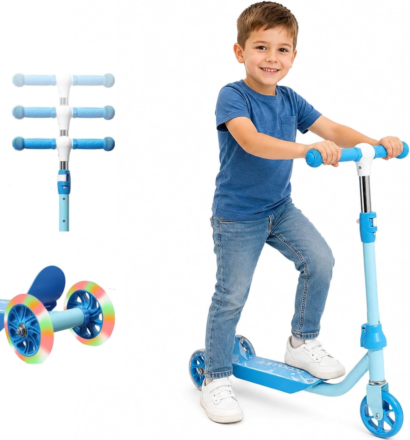 Kick Scooter for Kids Ages 3-7, Three Wheel Toddler Scooter with Handlebar Steering(No Lean),Height Adjustable, Light Up Rear Wheels, Indoor Outdoor Toy for Girls Boys, Holiday Birthday Gift