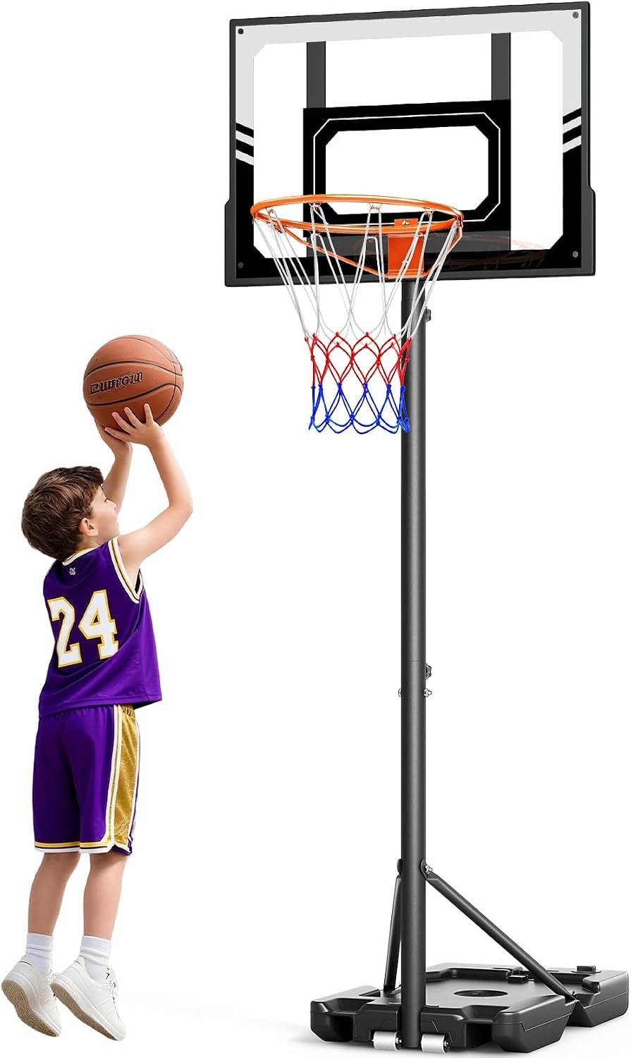 TONBUX Kids Basketball Hoop Outdoor, 3.5-7ft Stepless Adjustable Height, Portable Basketball Hoop for Kids in Backyard, Driveway and Indoor, Shatterproof PC Backboard