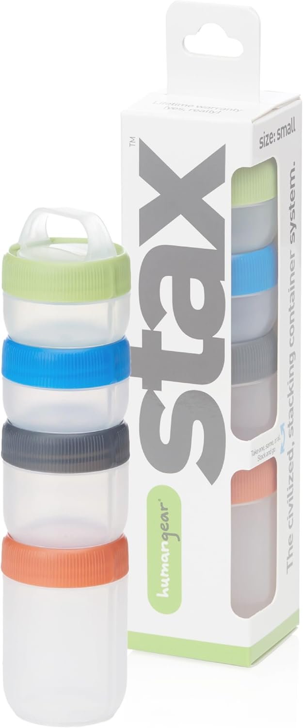 humangear STAX, Stackable Snack Containers – 4-Piece Leak-Proof Snack Travel System – FDA-Food Safe, BPA/PC/Phthalate-Free – Stackable & Click-Together Food Storage, Small