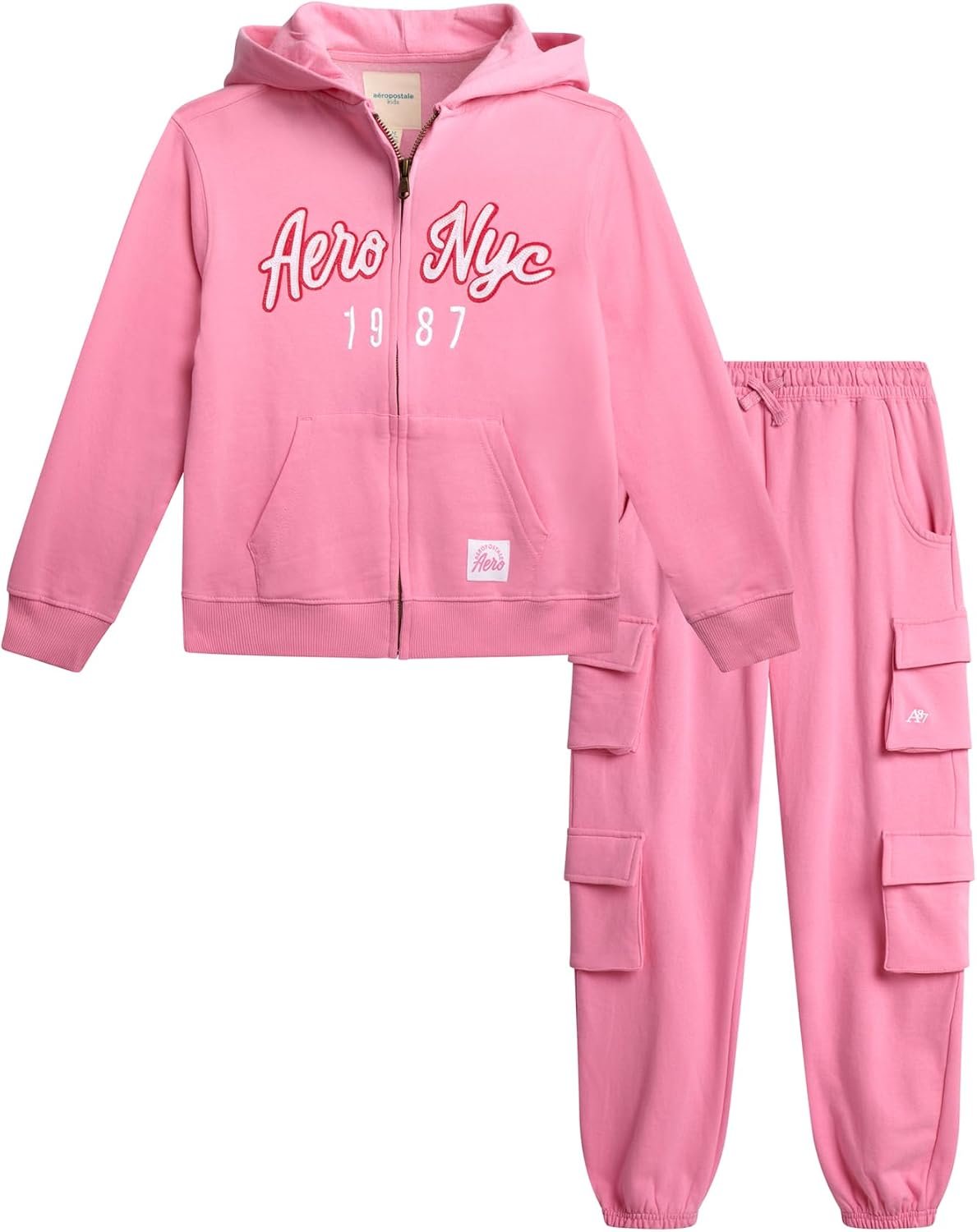 AEROPOSTALE Girls 2 Piece Zip Up Hoodie & Cargo Jogger Sweatpants Set, 7-12 | Cozy Fleece with Roomy Pockets, Matching Tracksuit for School, Fall Days & Everyday Active Wear