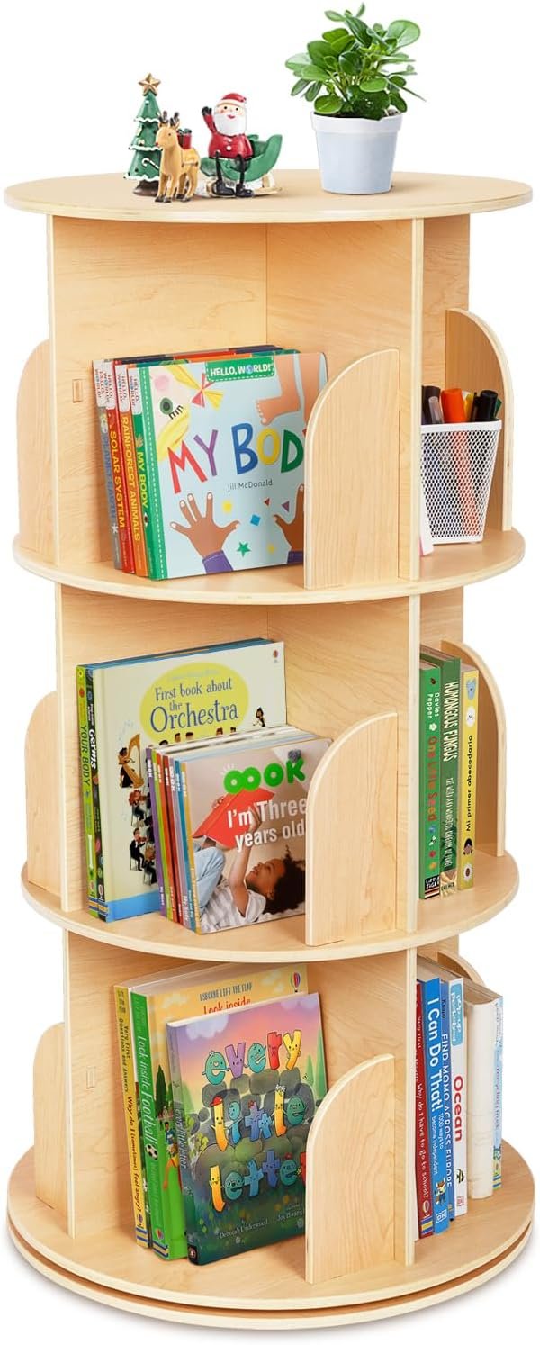 OOOK Kids Rotating Bookshelf, 3 Tier Corner Bookshelf for Small Space | 360° Display, Spinning Bookshelf, Floor Standing Bookcase, Wooden Bookshelf for Kids Room, Nursery, Living Room