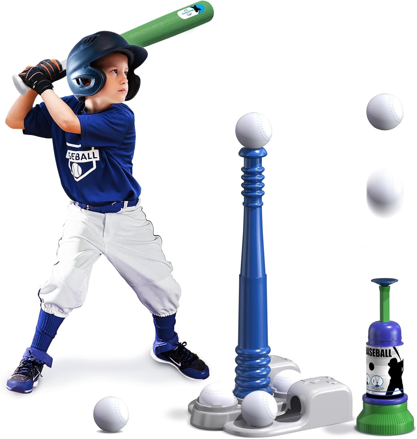 QDRAGON 2 in 1 T Ball Sets for Kids with Automatic Pitching Machine | Adjustable Batting Bat & Stand/6 Balls, Baseball Toys Outdoor Sport for Toddlers Boys, Blue