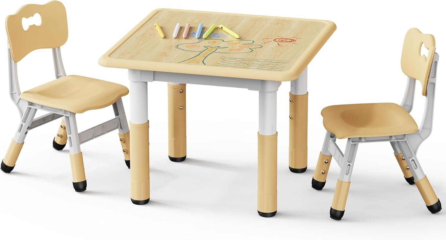 Brelley Height Adjustable Toddler Table and 2 Chairs Set, Beige | Table Supports 280 lbs, Drawing Activity Desk, Classroom/Daycare/Home, Children Multi-Activity Table for Ages 3-8