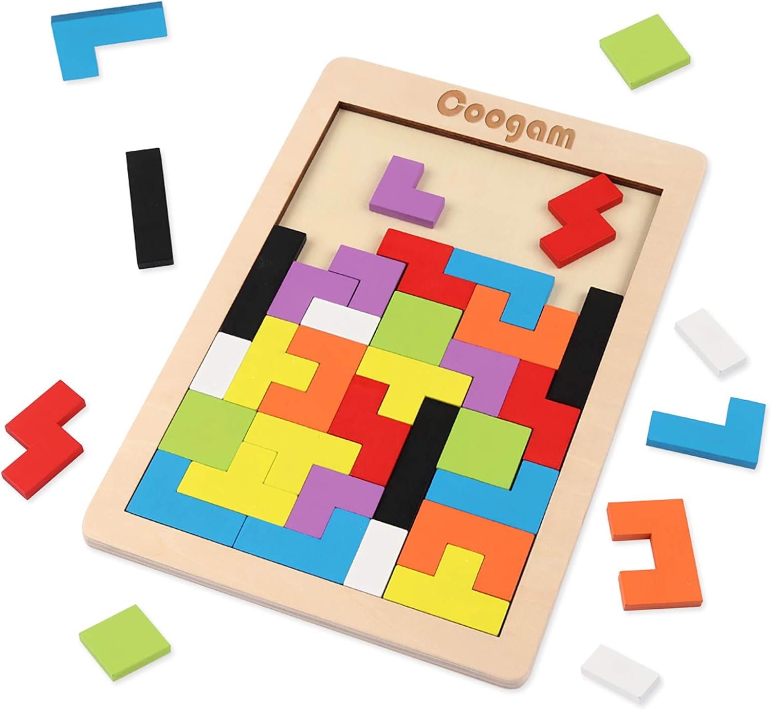 Coogam Wooden Blocks Puzzle Brain Teasers Toy Tangram Jigsaw Intelligence Colorful 3D Russian Blocks Game STEM Montessori Educational Gift for Kids (40 Pcs) | Wooden Puzzle Box Brain Game Building Block Intelligence Educational Gift for Toddlers
