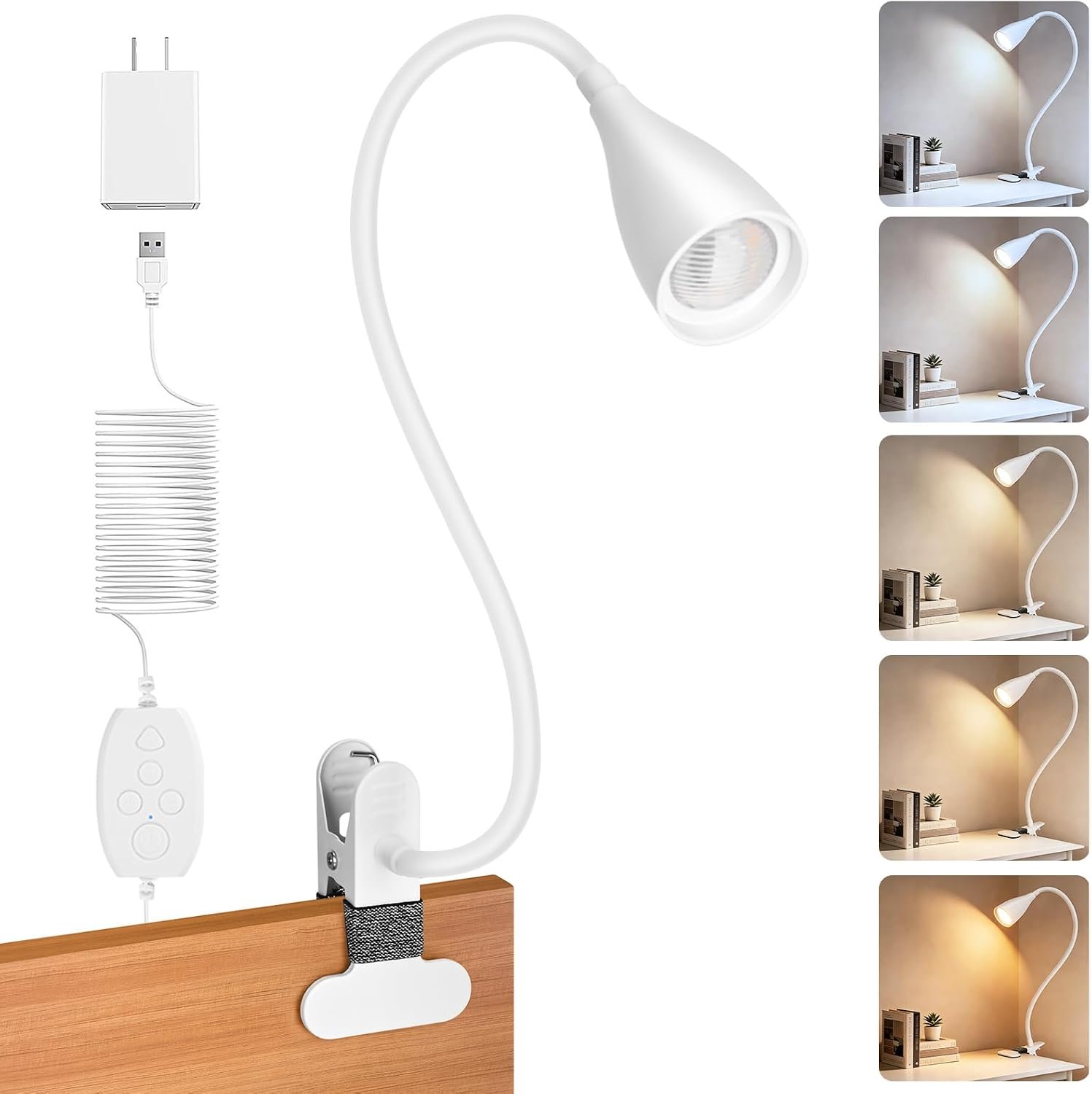 Reading Light for Book in Bed, Clip on Light Reading Lamp with Adapter, 5 Color Modes 10 Brightness, 360° Flexible Eye-Caring Clip on Desk Lamp Book Light for Reading in Bed Headboard Bedside Bedroom