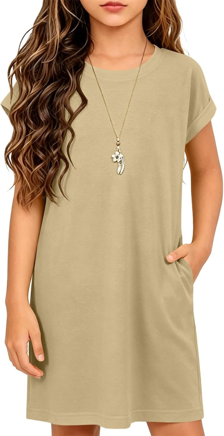 ZDC Girls Cap Sleeve Dresses Kids Spring Summer Casual Basic Crewneck Dress with Pockets 5-14 Years
