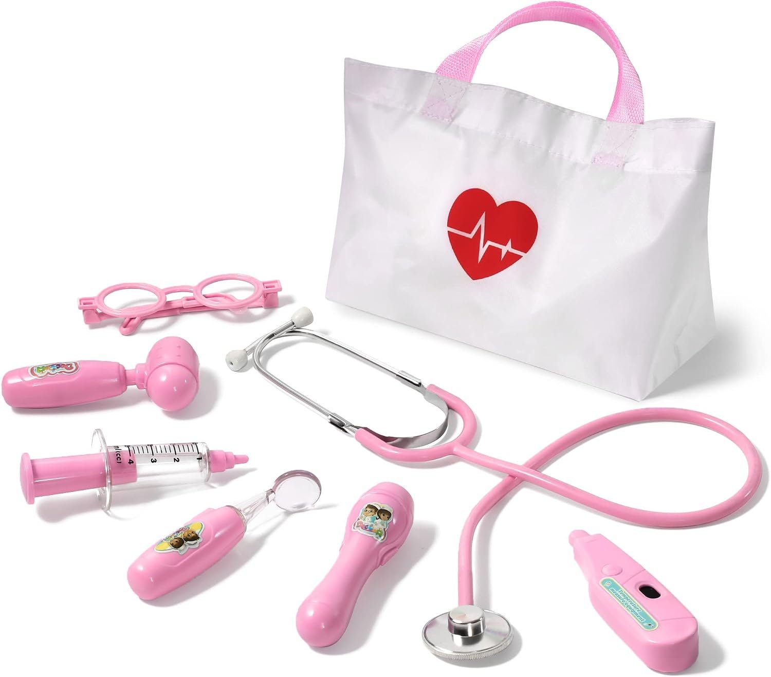 Phobby Doctor Kit Toy for Kids 3 4 5 6 Years Old, Pink | Toddler Pretend Medical Kit with Real Stethoscope, Storage Bag, Light & Sound Effect, Girls Boys Birthday Gift, 8 Pcs