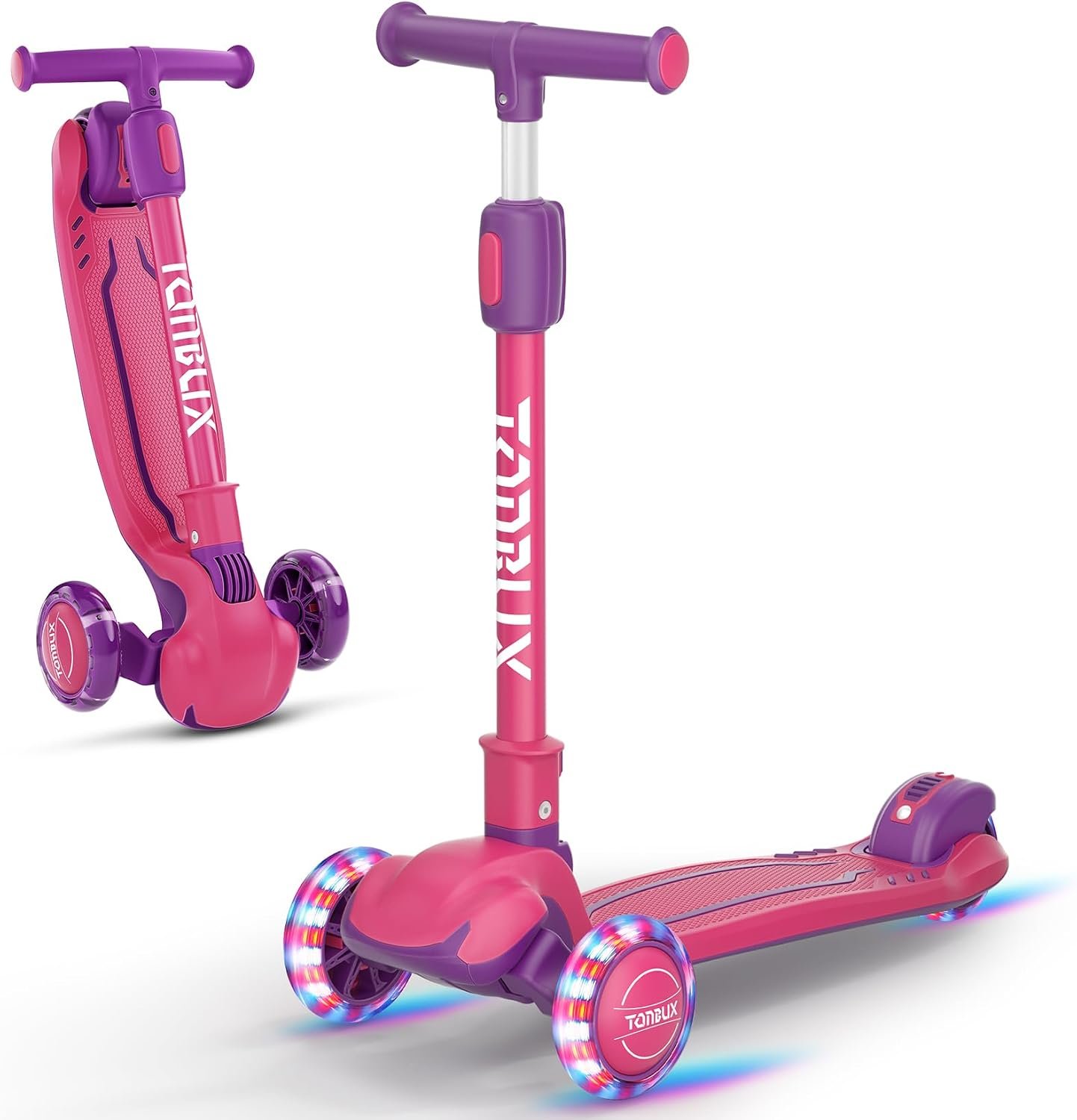 TONBUX Kids Scooter, Light Up 3 Wheel Kick Scooters for Kids 3-12, Folding Scooters with Adjustable Height – Toddler Scooter Lean-to-Steer & Widen Anti-Slip Deck