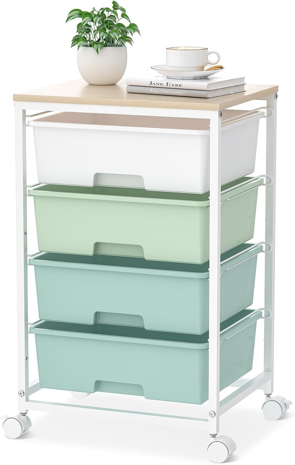 SYKIARIOL Rolling Cart with Drawers, 4-Drawer Utility Cart, Green | Rolling Storage Cart with Drawers, Storage Rolling Drawer Cart with Wooden Tabletop for Bedroom, Dorm, Classroom, Office