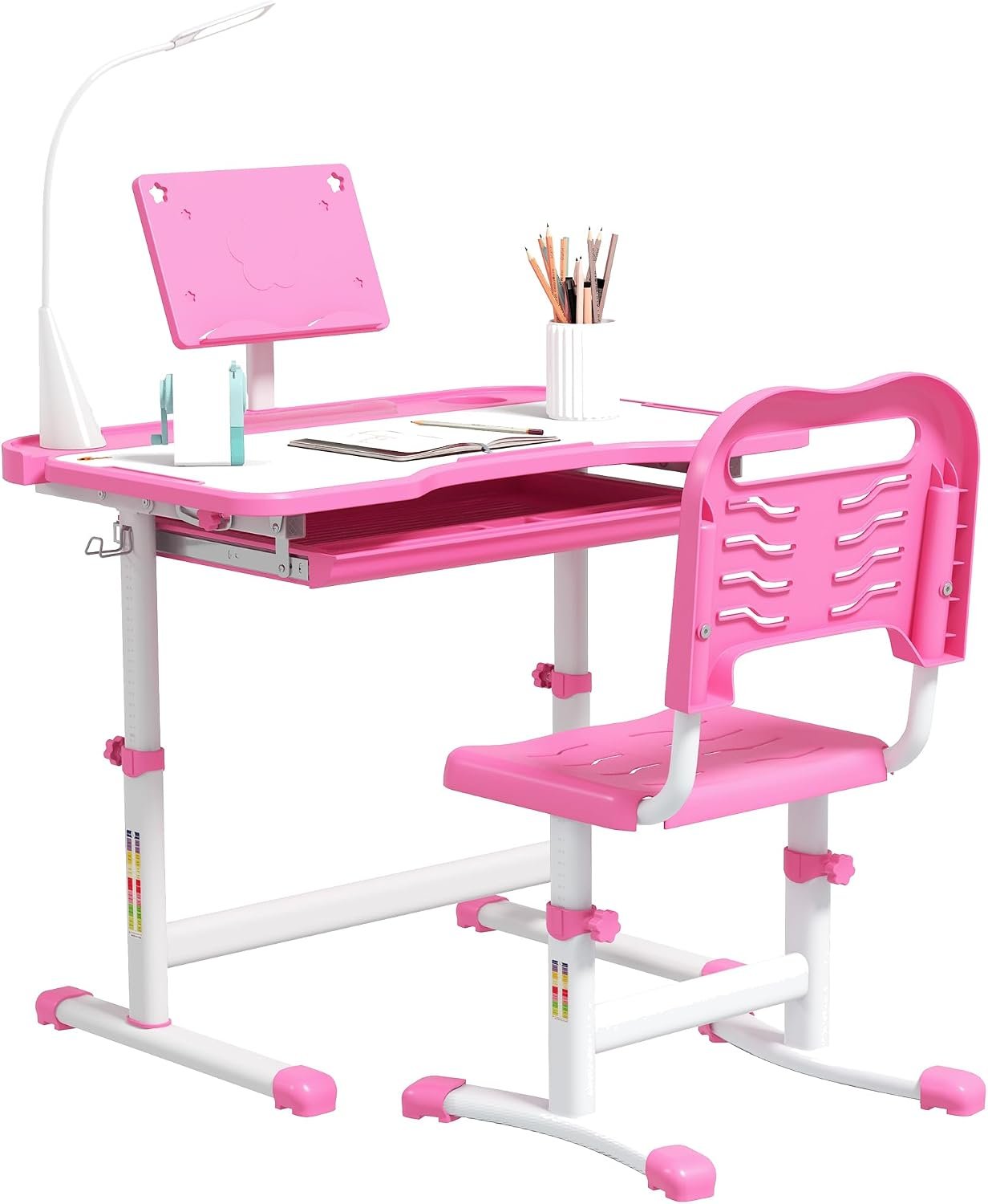 Qaba Kids Desk and Chair Set Height Adjustable Tilt Desktop Pink and White | School Desk Chair Set, USB Light, Storage Drawer, for Study Activities Arts or Crafts