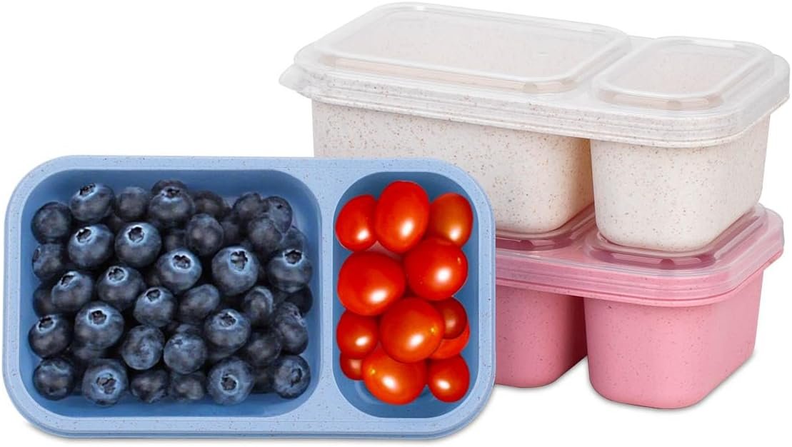 DOSEWART 2-Compartment Reusable Snack Containers with Lids, Wheat Straw Reusable Snack Packs for Food Storage Meal Prep On-the-Go Snacking(3Pack)