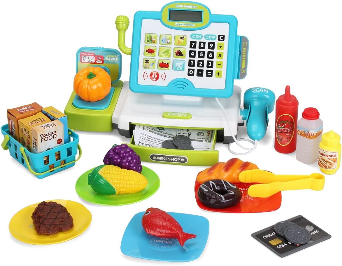 FS Pretend Play Cash Register Toys with Scanner, Calculator, Large Drawer, Microphone, Play Food, Supermarket Cashier Register Toy, Pre-School Gift for Kids, Toddlers, Boys & Girls, Ages 3 4 5 6 7 8