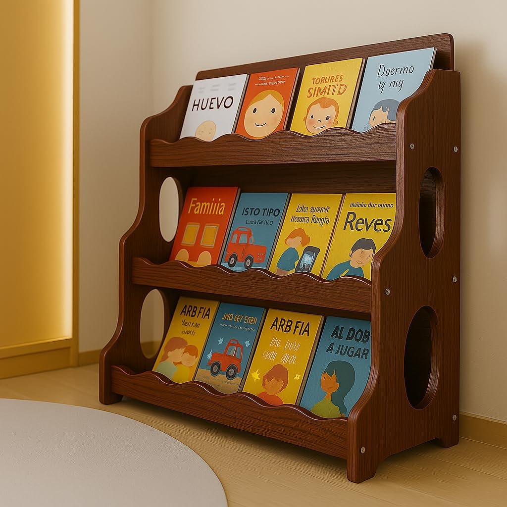 Wood Kids Bookshelf,WalnutWood GrainPattern | Dutch Design Scalloped Montessori Toddler Book Shelf 3Tier Wooden Furniture