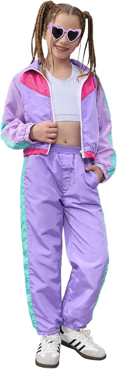 Perfashion Girls’ Clothing Sets 2 Piece 80s 90s Outfits Neon Jacket Pants Hip Hop Dance Tracksuit Set 4-13Y