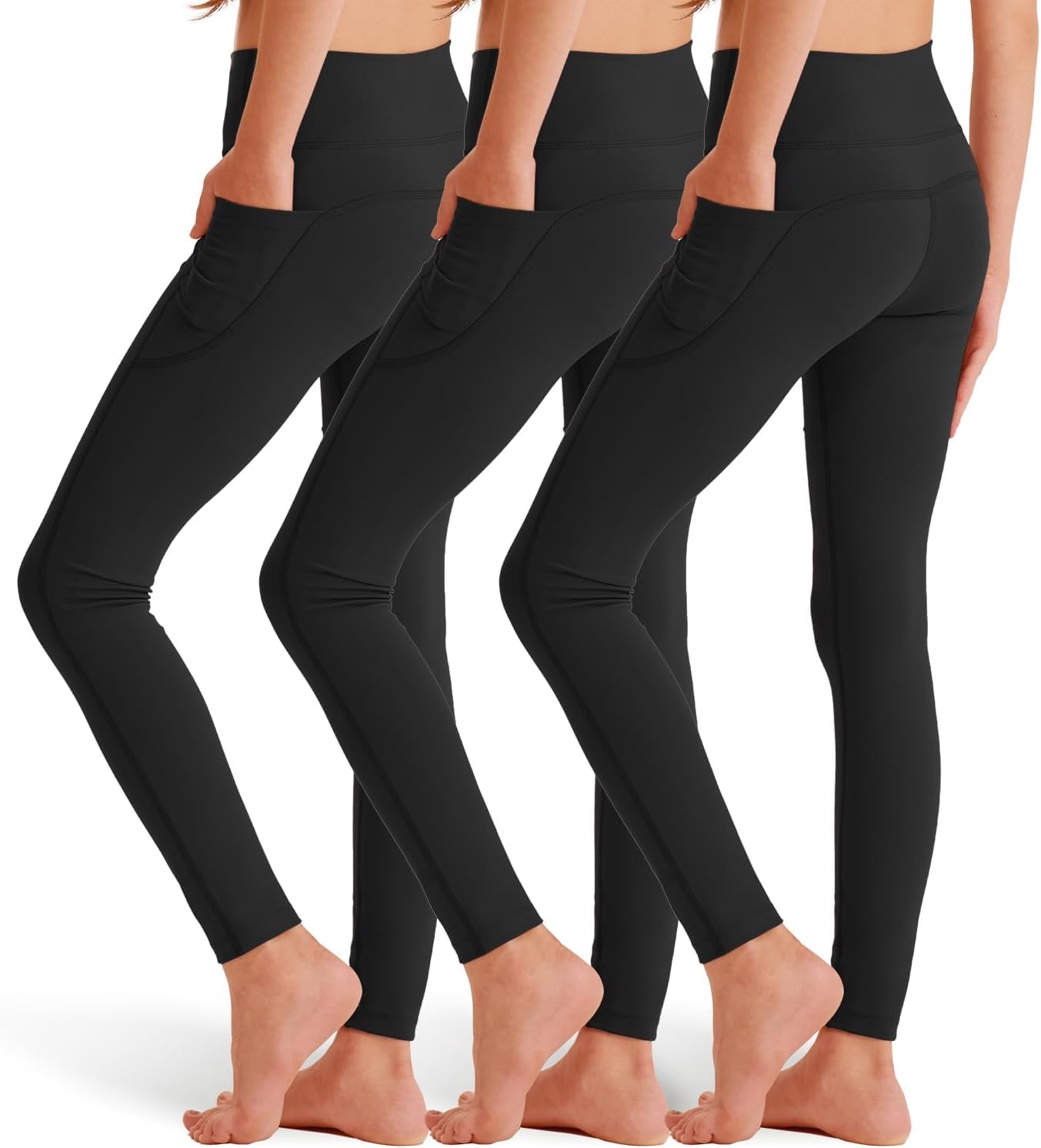 3 Pack Girls’ Atheltic Leggings with Pockets, Kids Yoga Workout Ankle Pants | Machine Wash, Anti Slip Edges, Squat-proof, High Stretch, Cloud Soft, True to Size, Suitable for Sports
