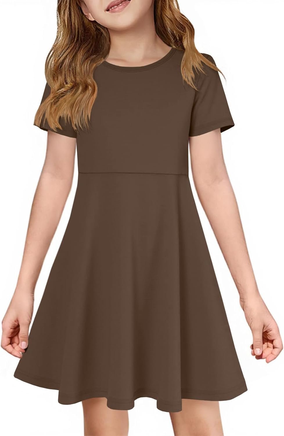 ZDC Girls Short Sleeve Casual Dresses Summer Kids A Line Flowy Skater Dress