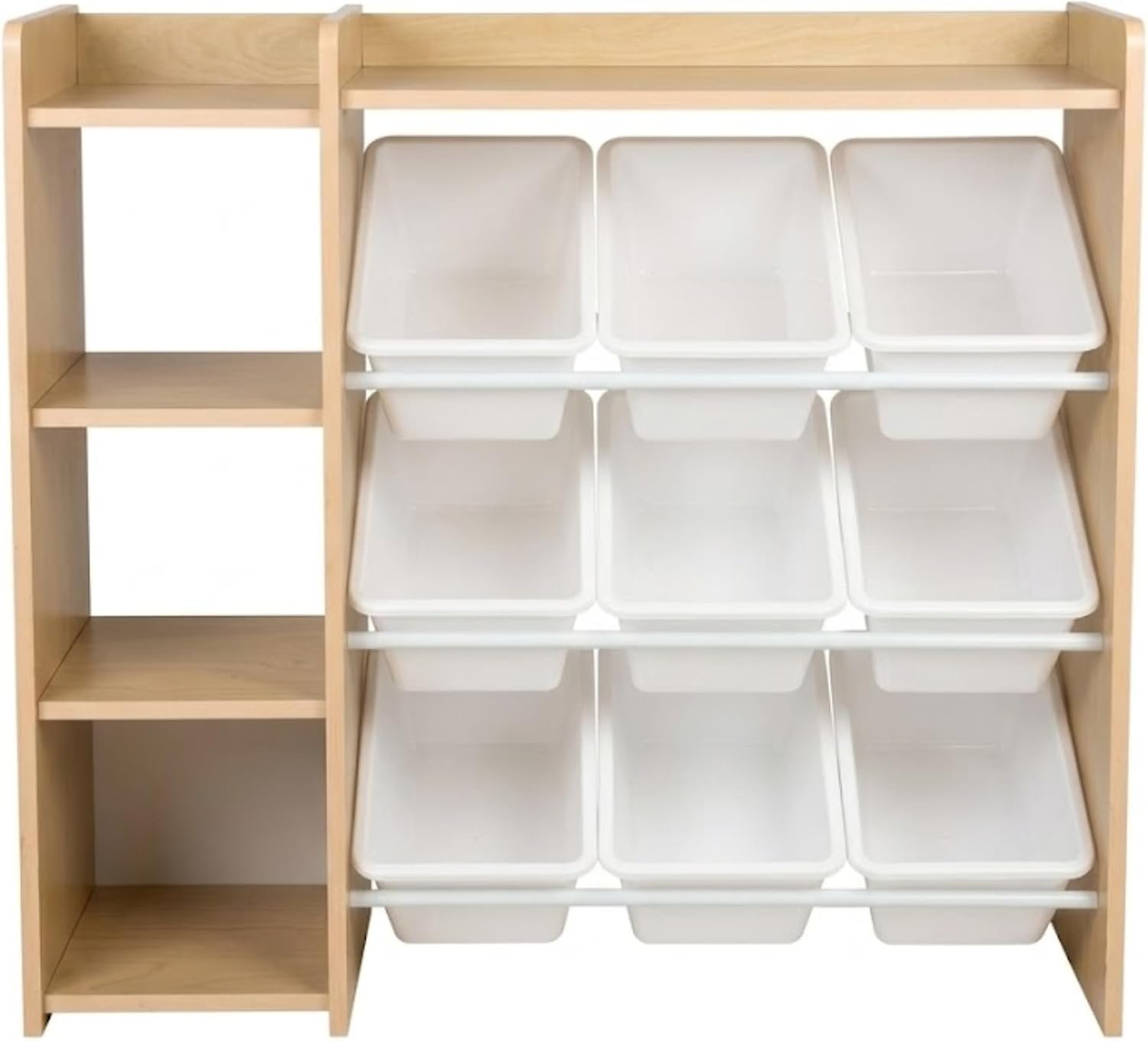 Humble Crew Kids Toy Storage Organizer with Bookshelf, 9 Bins, Solid Wood | Built in side bookshelf, removable bins, solid hardwood, compact 35 in wide, toddler friendly, for playrooms and nurseries