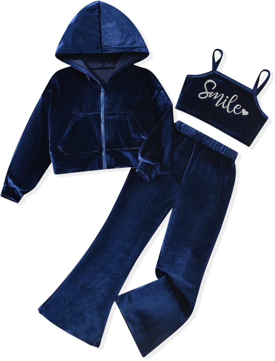 fioukiay Girls Sweatsuits Set Velour Tracksuit 3 Piece Outfits Zip Up Hoodies Camisole and Flare Pants Athletic Jogging Set
