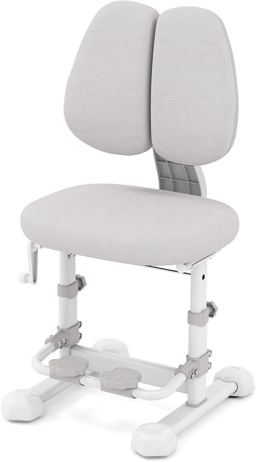 Costzon Kids Chair, Study Desk Chair with Ergonomic Double Backrest, Adjustable Seat Height & Depth, and Rotatable Footrest, Armless Kids Office Chair for Girls & Boys Aged 4-12 Years Old (Gray)