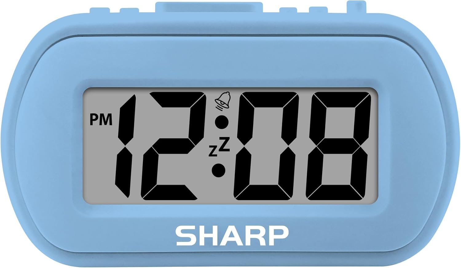 Sharp Battery Alarm Clock with Soft-Touch Case and Backlight, Light Blue | Soft-touch rubberized case; Battery operated; Blue backlight on demand; Ascending alarm; Snooze; Easy to use