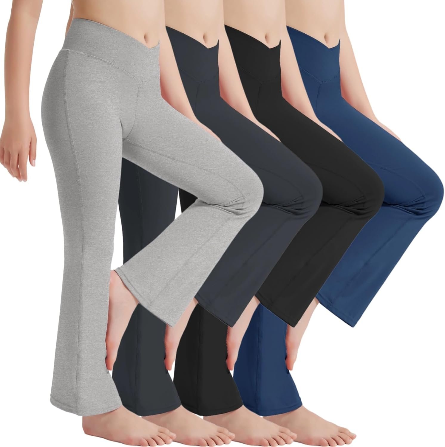 EXARUS 4 Pack Girls Leggings Yoga Pants Crossover V Waist Ankle/Full Length | Teen Sports Athletic Pants High Waisted Compression Tween School Dance Casual Gymnastics Tights Kids Youth 8-14Y