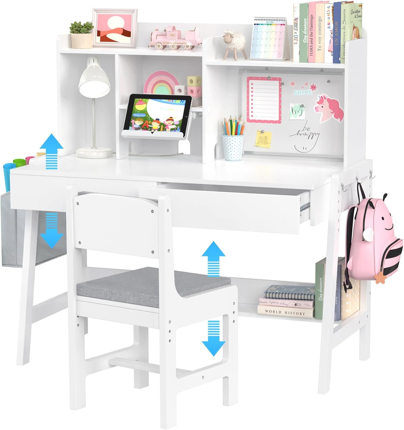 GDLF Kids Study Desk and Chair Set, Adjustable Children Study Table with Chair, Kids Wooden Desk with Hutch, Drawers, Book Stand, Whiteboard and Fabric Storage Bag for 5-12 Years Old