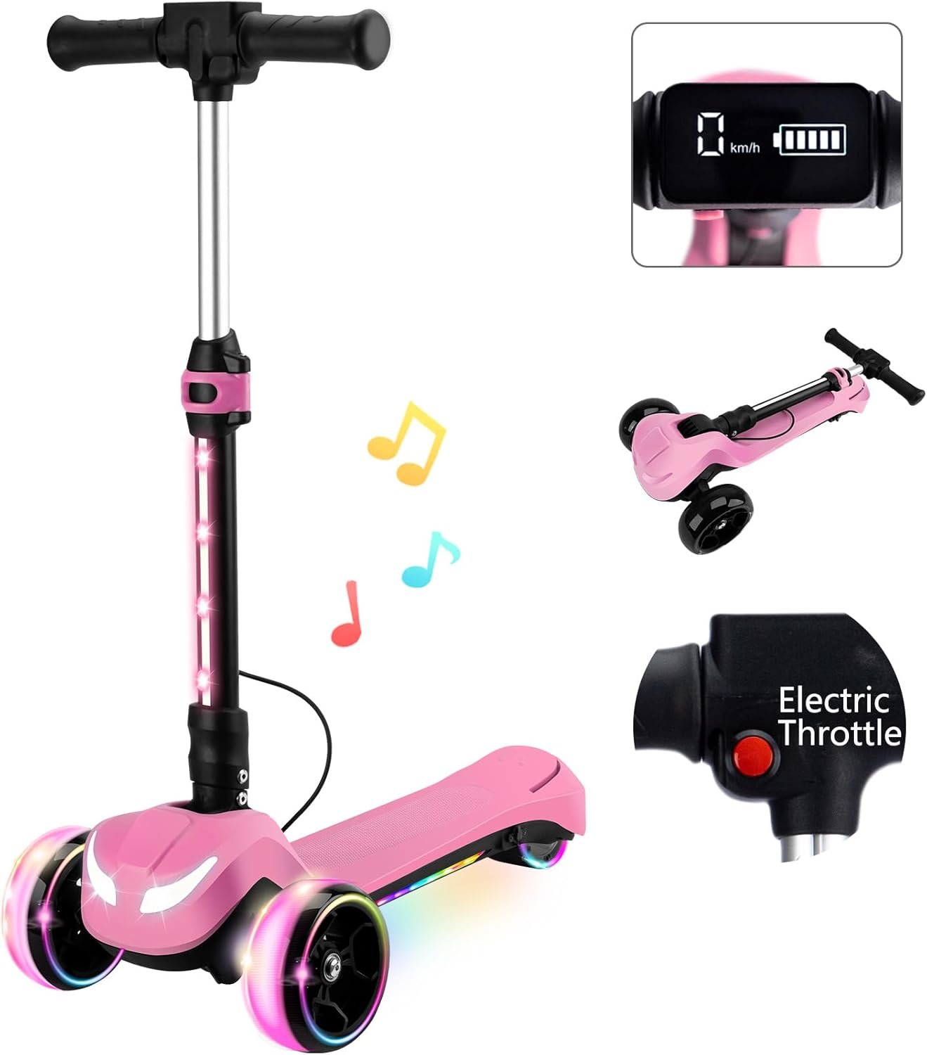 Electric Scooter for Kids w/150W Powerful Motor, Thumb Throttle, LCD Screen, Bluetooth, Light-Up Stem Deck & Wheels, 3 Adjustable Heights, 5MPH Safe Speed, 3 Wheel Electric Scooter for Kids