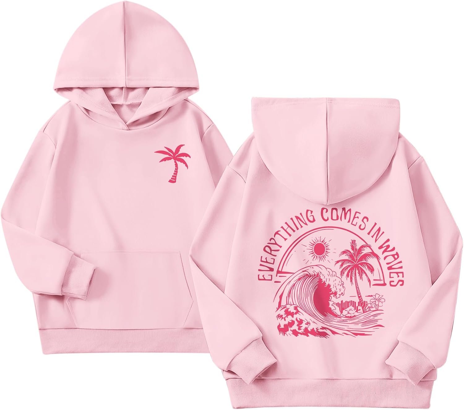 KIEKIECOO Girls Palm Graphic Hoodie Beach Cute Hoodies With Pocket Kids Preppy Sweatshirt Ocean Pullover Long Sleeve Top