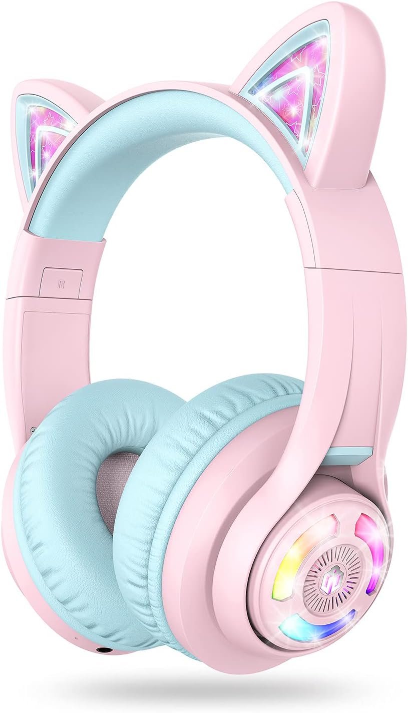 iClever BTH13 Kids Bluetooth Headphones for Girls, LED Cat Ear Travel Gift | SafeSound Tech, 50H Playtime, USB C Charging, AUX Cable, Stereo Sound, Kids Headphones Wireless with Mic for Tablet, Pink