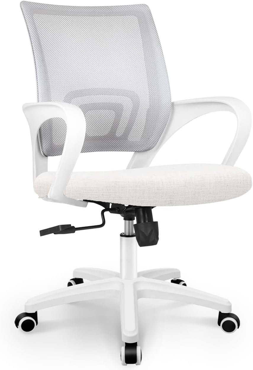 NEO CHAIR Office Desk Computer Chair Ergonomic Mesh Gaming Cushion Seat with Comfy Lumbar Mid Back Support Adjustable Height Swivel Rolling Wheels for Home Task (Ivory)