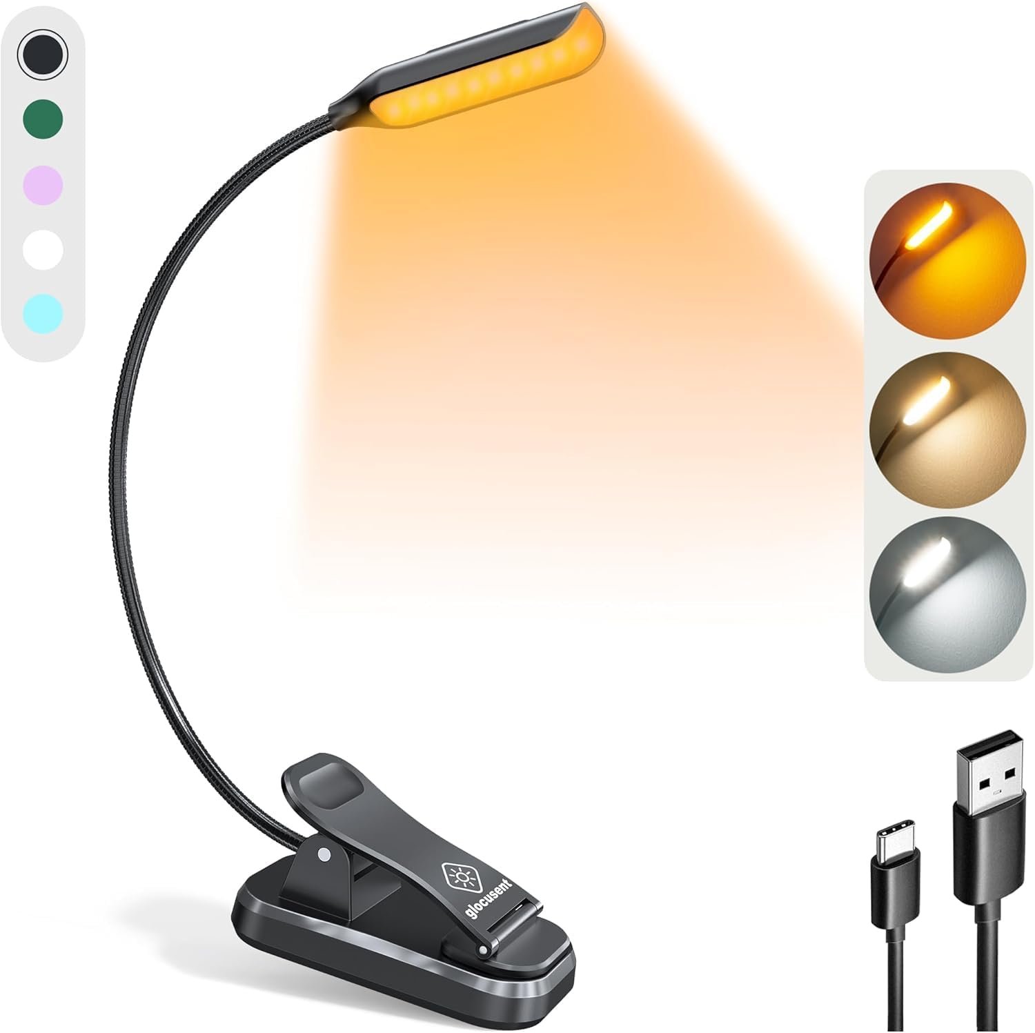 Glocusent Willow Book Light for Reading in Bed, 10 LED Bright Reading Light | 3 Colors & 3 Brightness, Rechargeable, 80Hrs, Lightweight, Clip on, Christmas Stocking Stuffers, Gifts, Book Lovers, Reader