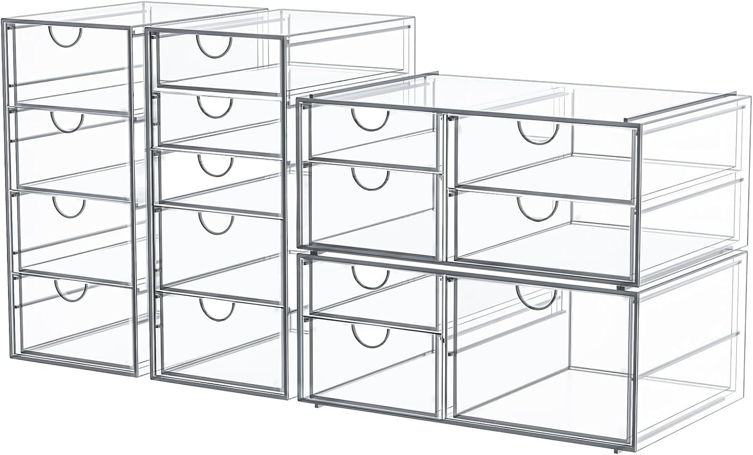 caktraie 4-Pack Acrylic 16-Drawer Storage & Makeup Organizer for Desk | Smooth-glide drawers, clear acrylic, stackable, dustproof, wipe clean, for office supplies, pens, jewelry, makeup