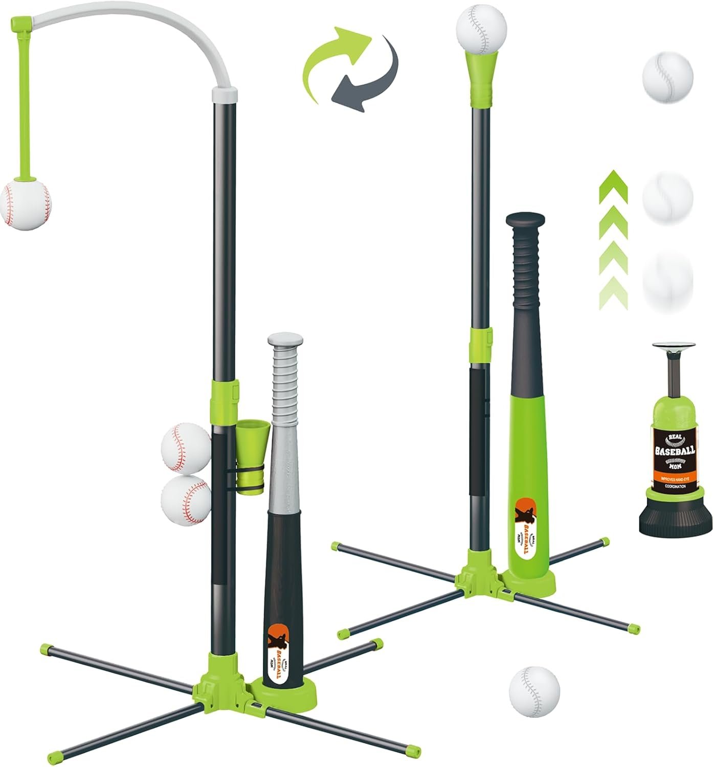 3-in-1 T Ball Set for Kids, Baseball Toys Sport Gift for Toddler Boys Girls | Hanging Tee, Tee Ball Hitting Stand, Ball Launcher, 2 Baseball Bats and 6 Softballs – Adjustable Height, Outdoor/Indoor Toys