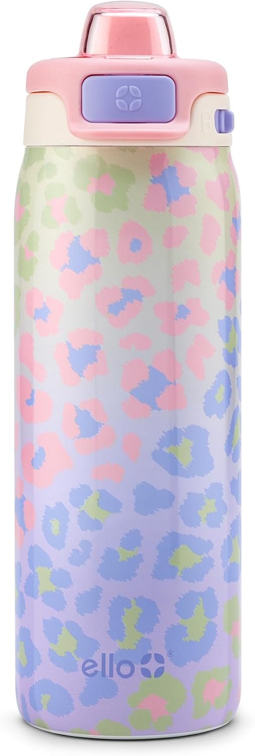 Ello Kids Pop & Fill 18oz Stainless Water Bottle, Sip or Chug, Cheetah | Insulated stainless steel kids water bottle with Quick Fill™ lid, sip straw, chug opening, leakproof lock, and BPA-free
