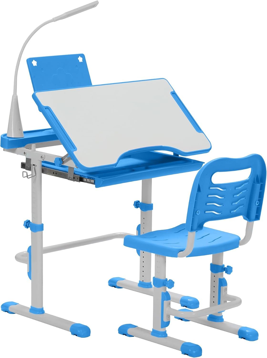 SMAGREHO Kids Desk and Chair Set, Height Adjustable Child’s School Study Writing Tables with Tilt Desktop, LED Light, Storage Drawer, Book Stand (Blue)