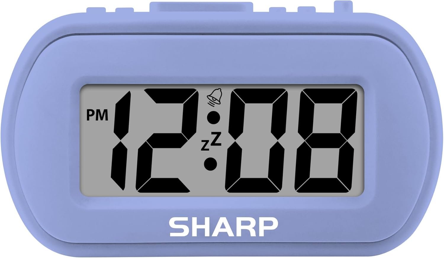 Sharp Battery Alarm Clock with Soft-Touch Case and Blue Backlight, Lavender | Soft-touch rubberized case; Battery operated; Blue backlight on demand; Ascending alarm; Snooze; Easy to use