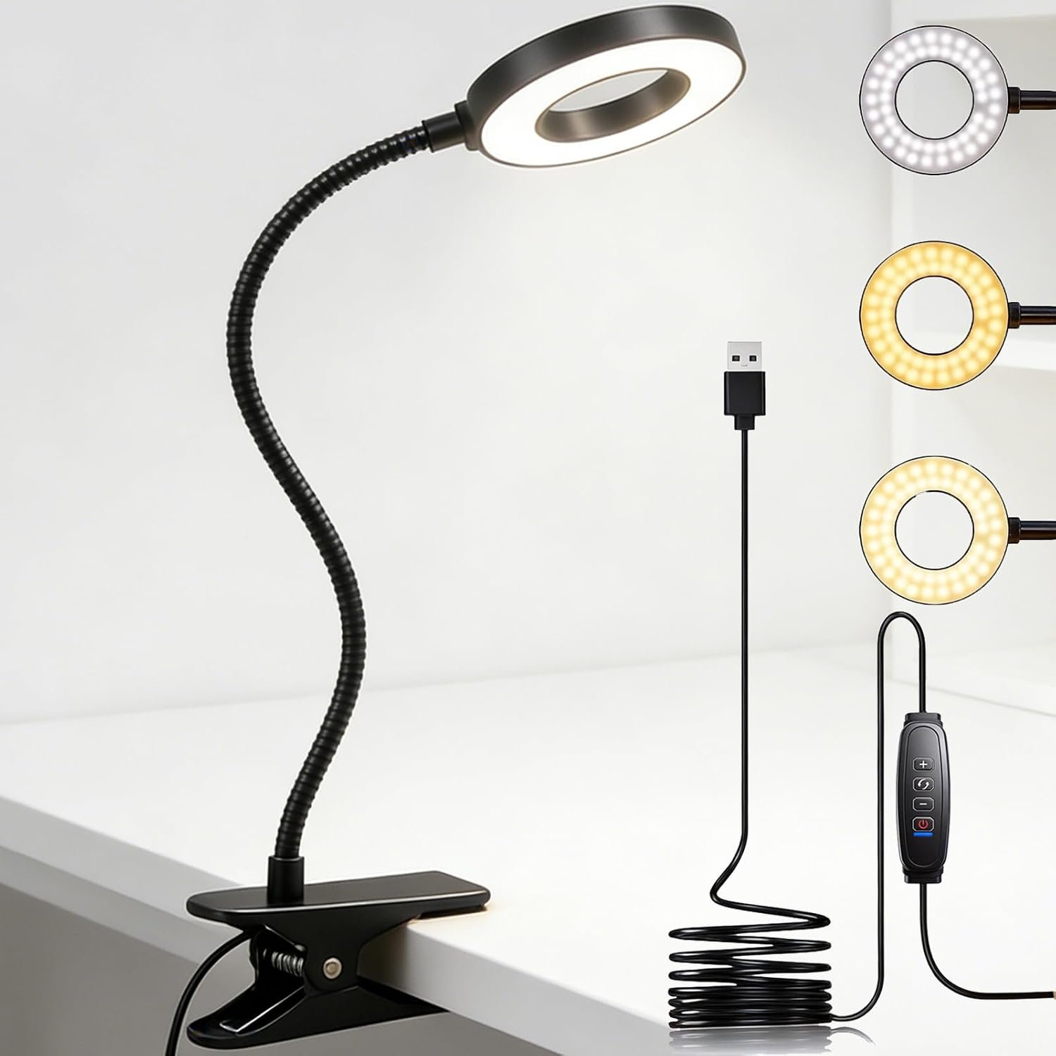 LED Clip On Book Light Desk Lamp with 3 Color Modes,10 Brightness Levels Flexible Arm Night Light,USB Powered Eye-Care Bedside Reading Light for Kids Books in Bed, Table Lamp for Home Office Dorm