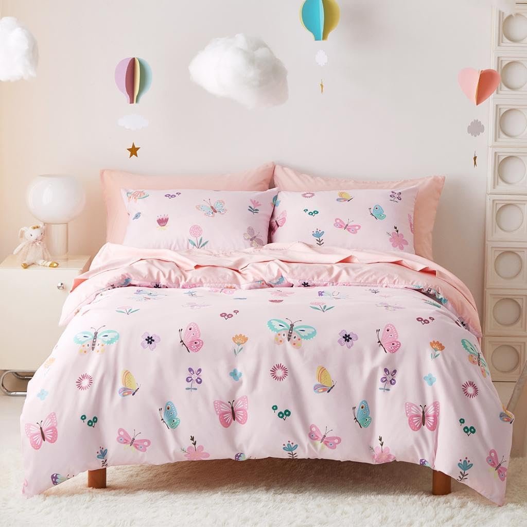 Wake In Cloud – Butterfly Bedding Set for Girls, Cute Colorful Butterfly Flowers Floral Comforter Set with Sheets, 5 Pieces Kids Bed in a Bag, Pink, Twin Size