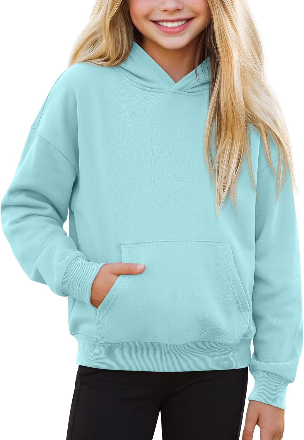 Toddlers’ and Girl’s Hoodies Lightweight Oversized Long Sleeve Hooded Sweatshirt Causal Pullover Tops with Pockets(Aqua Blue,11-12 Years)