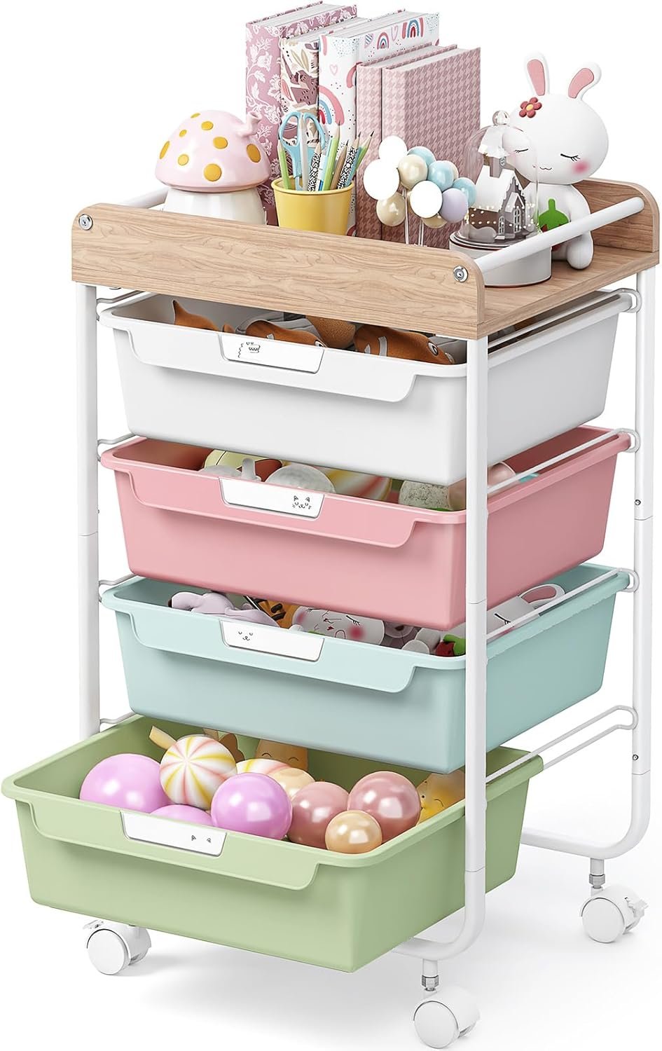SYKIARIOL Rolling Storage Utility Cart with 4 Drawers,Kids Craft Art Cart,Makeup Organizer and Storage with Wooden Tabletop,Colorful