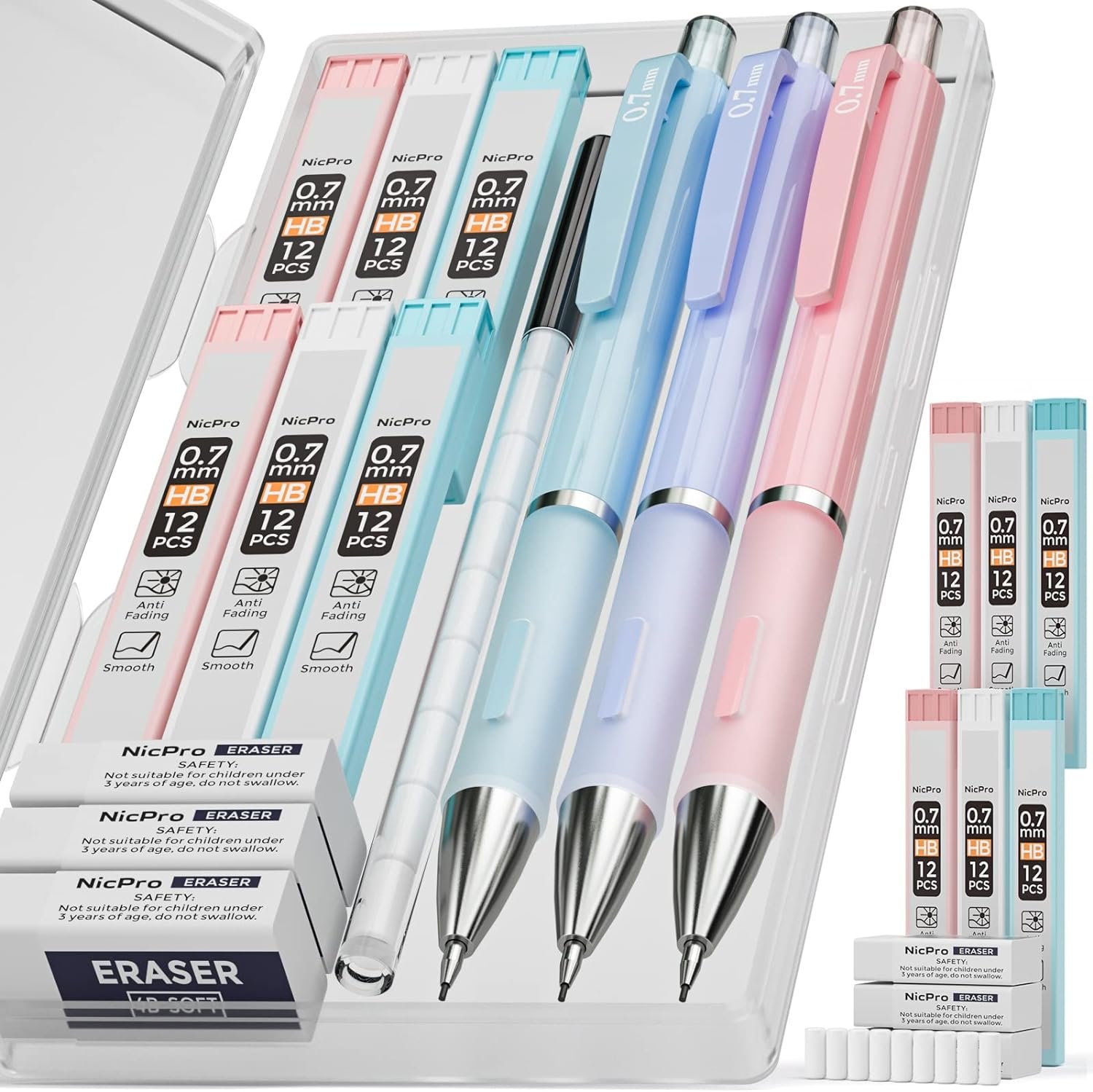 Nicpro 3PCS Cute Mechanical Pencil Set with Case, 0.7 mm Pencils with 6 Tube HB Lead Refill, 3PCS Eraser, 9PCS Eraser Refill for School Supplies Student Writing, Drafting Drawing Sketching | with 6 Tube HB Lead Refill, 3PCS Eraser, 9PCS Eraser Refill for School Supplies Student Writing, Drafting Drawing Sketching