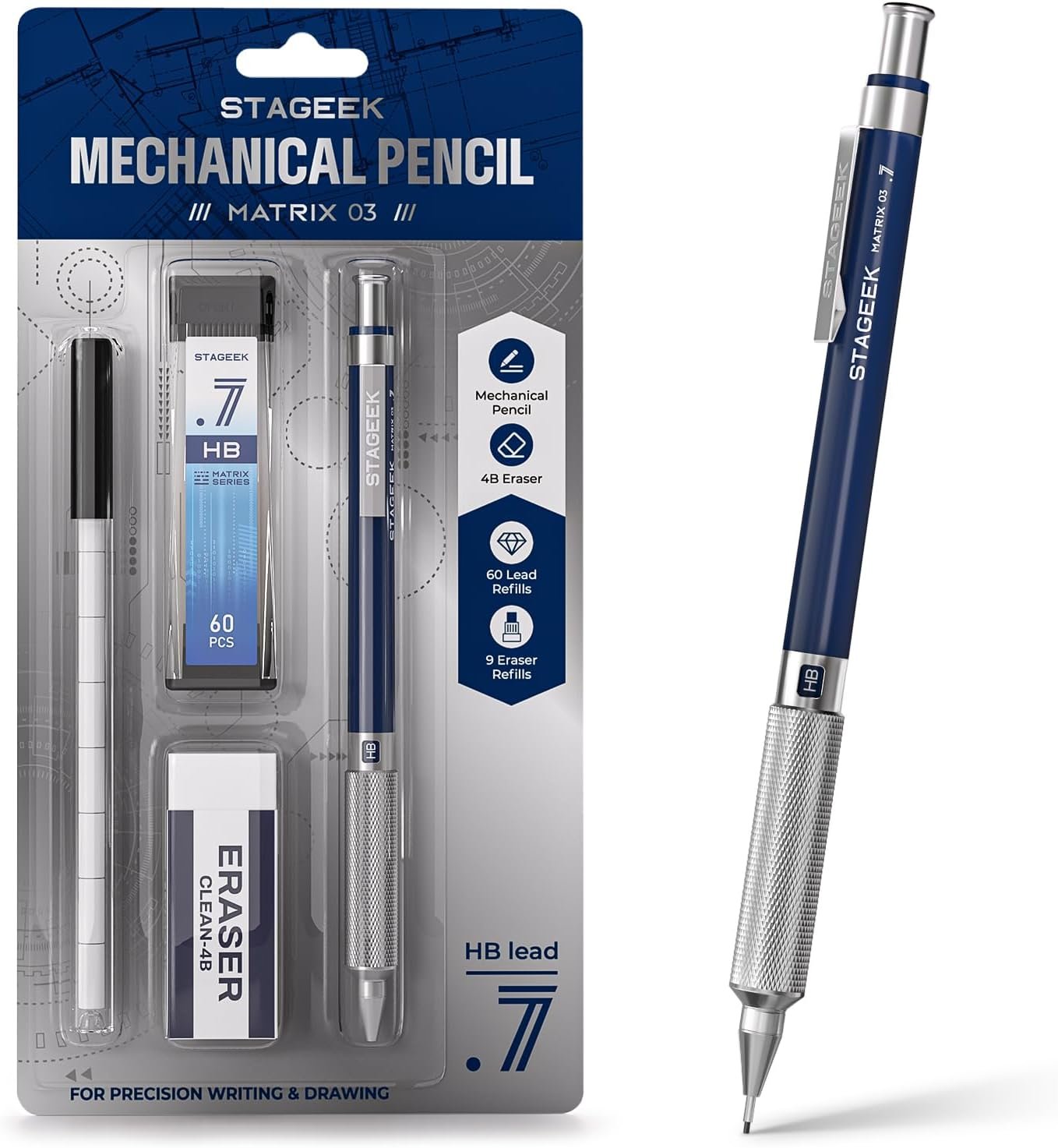 STAGEEK 0.7 mm Mechanical Pencil, Metal Art & Drafting Pencil with Eraser and 60 HB Lead Refills, Professional Drawing Pencil for Artists, Students, School, Office, Writing, Sketching, Drafting(Blue)