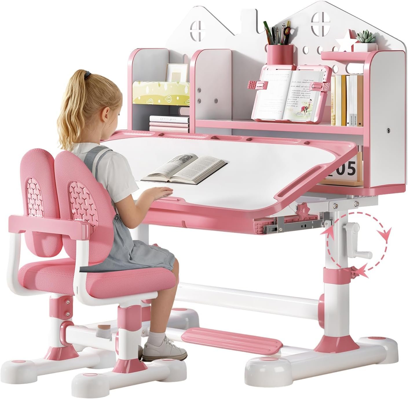 Kids Desk and Chair Set – 3-12 Height Adjustable ErgonomicArt Desk for Bedroom with 50° Tiltable Desktop, Easy-Turn Crank, Storage Drawer & Built-in Bookstand for Children Boys & Girls (Pink)
