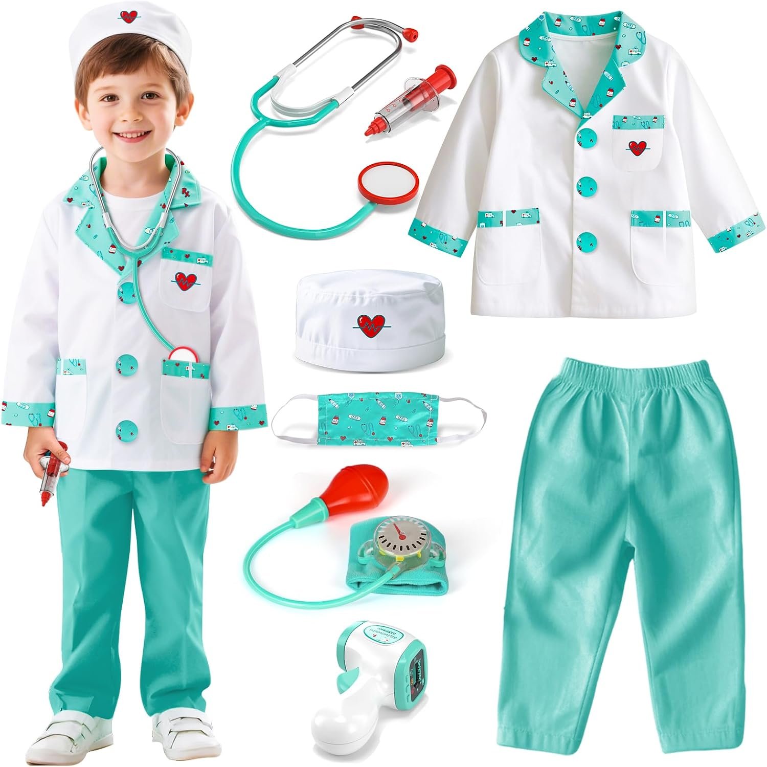 Lehoo Castle Doctor Costume for Kids, Doctor Dress Up and Play Set 8 PCS with Stethoscope, Role Play Costume for Toddlers 4-6