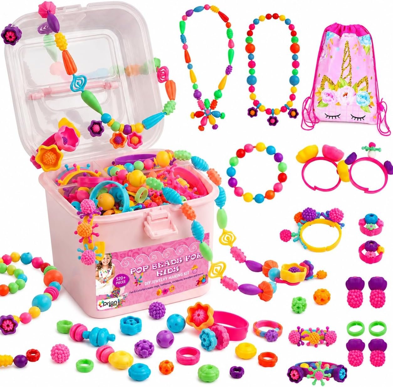 Orian Pop Beads Jewelry Kit for Girls, 520+ Colorful Snap Beads for Bracelets, Necklaces and Rings, DIY Unicorn Bag Set, Ages 3+