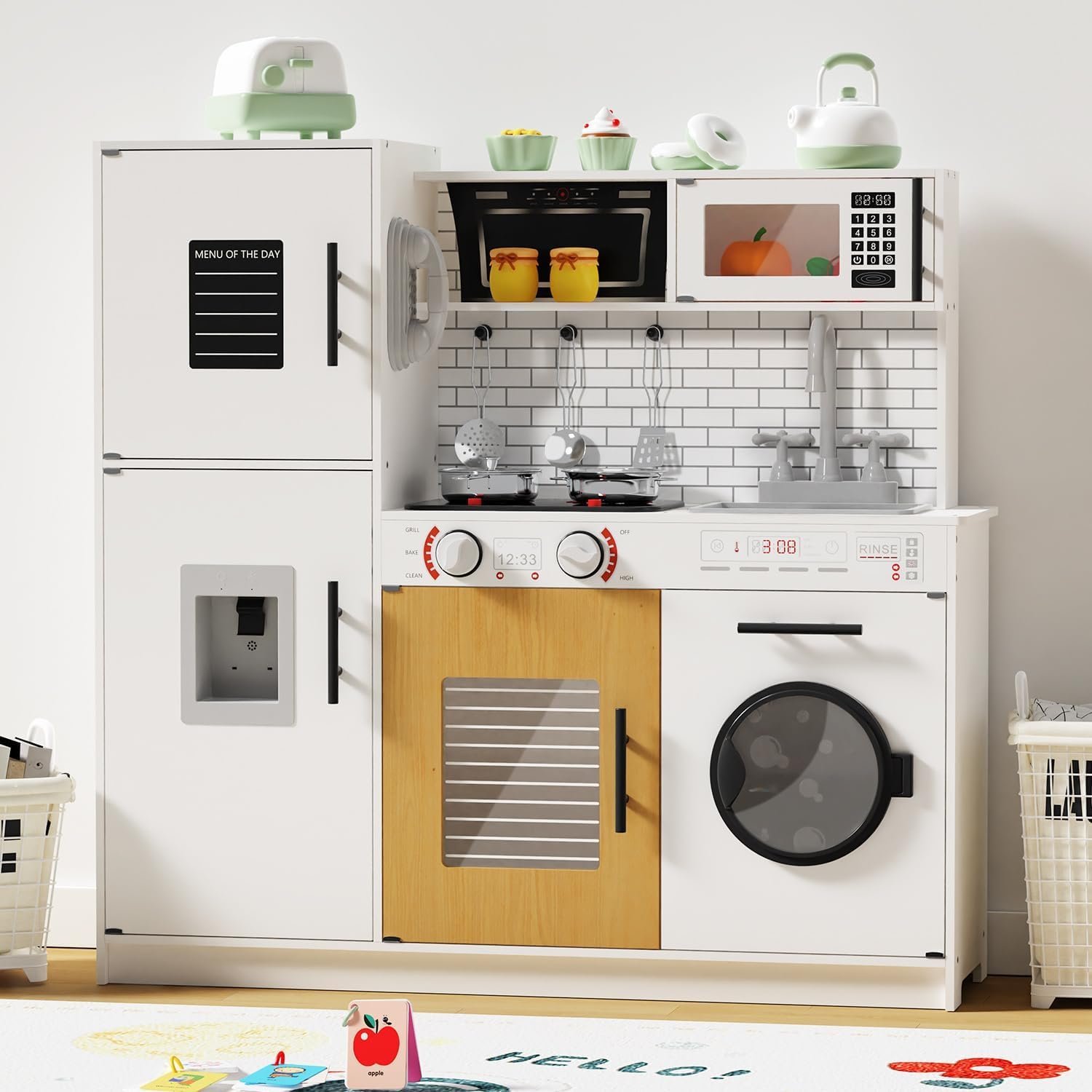Babytronic Wooden Play Kitchen Sets for Toddlers Ages 3+ (White) | with Washing Machine，Ice Maker, Play Phone,Range Hood,Faucet, Oven, Microwave, Stove & Accessories