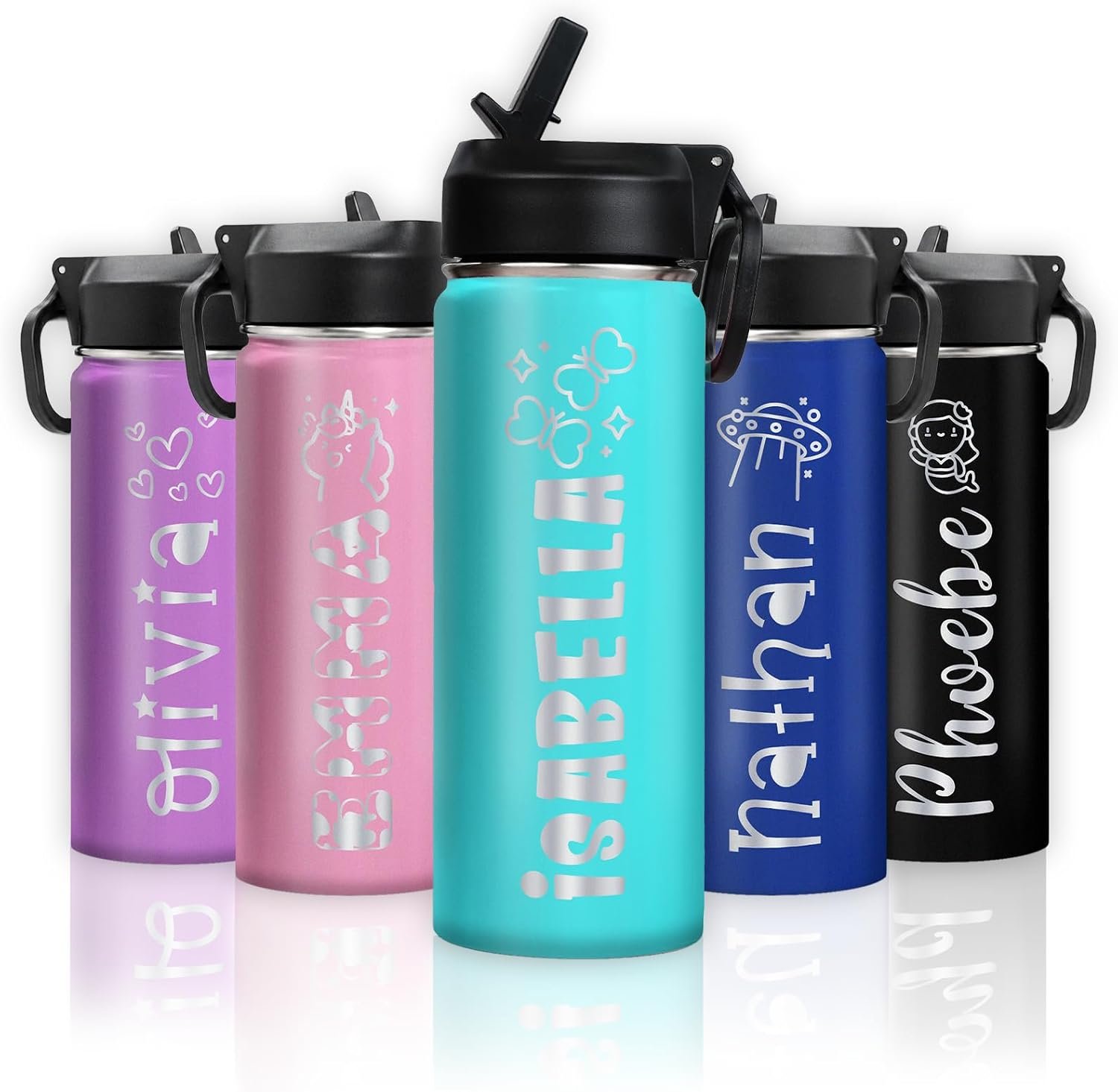 PUREFLY Back to School- Custom Water Bottle For Kids with Engraved Name, Ships Next Day from USA, Personalized Stainless Steel Water Bottles with Straw and Lid, Swivel Handle | 18 oz- 6 Colors